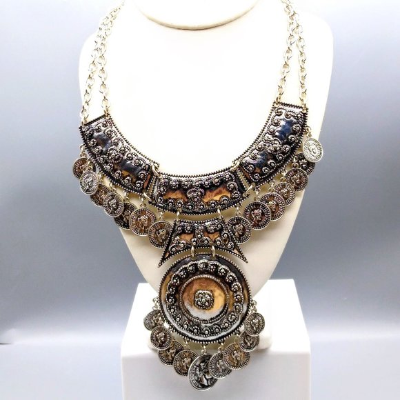 Vintage Dramatic Bib Statement Necklace, Tribal Medallion in Silver Tone - Picture 1 of 5